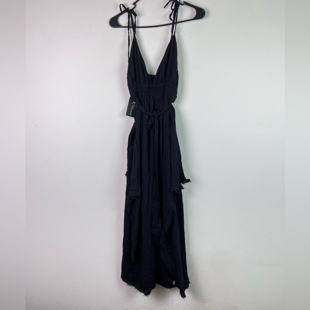 R. Vivimos Black Dress‎ Small Boho Flowy Midi/Maxi Dress High Low Hem V Neck